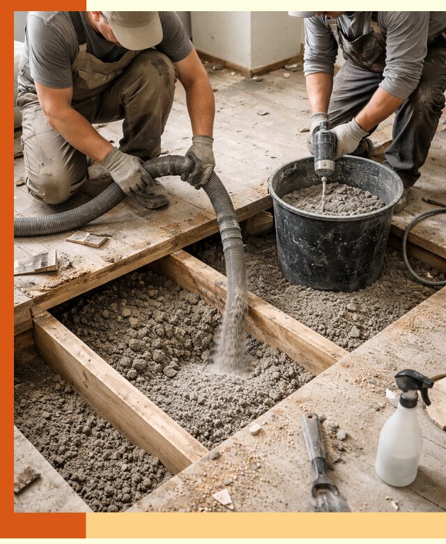 Заполнение пустот пола в Новосибирске полиуретаном и пенополистиролом